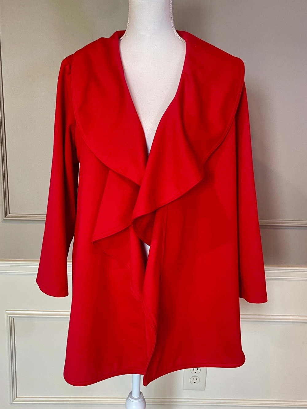 Calvin Klein Cardigan Jacket 14W Red Open Front Long Length Ruffle Bold